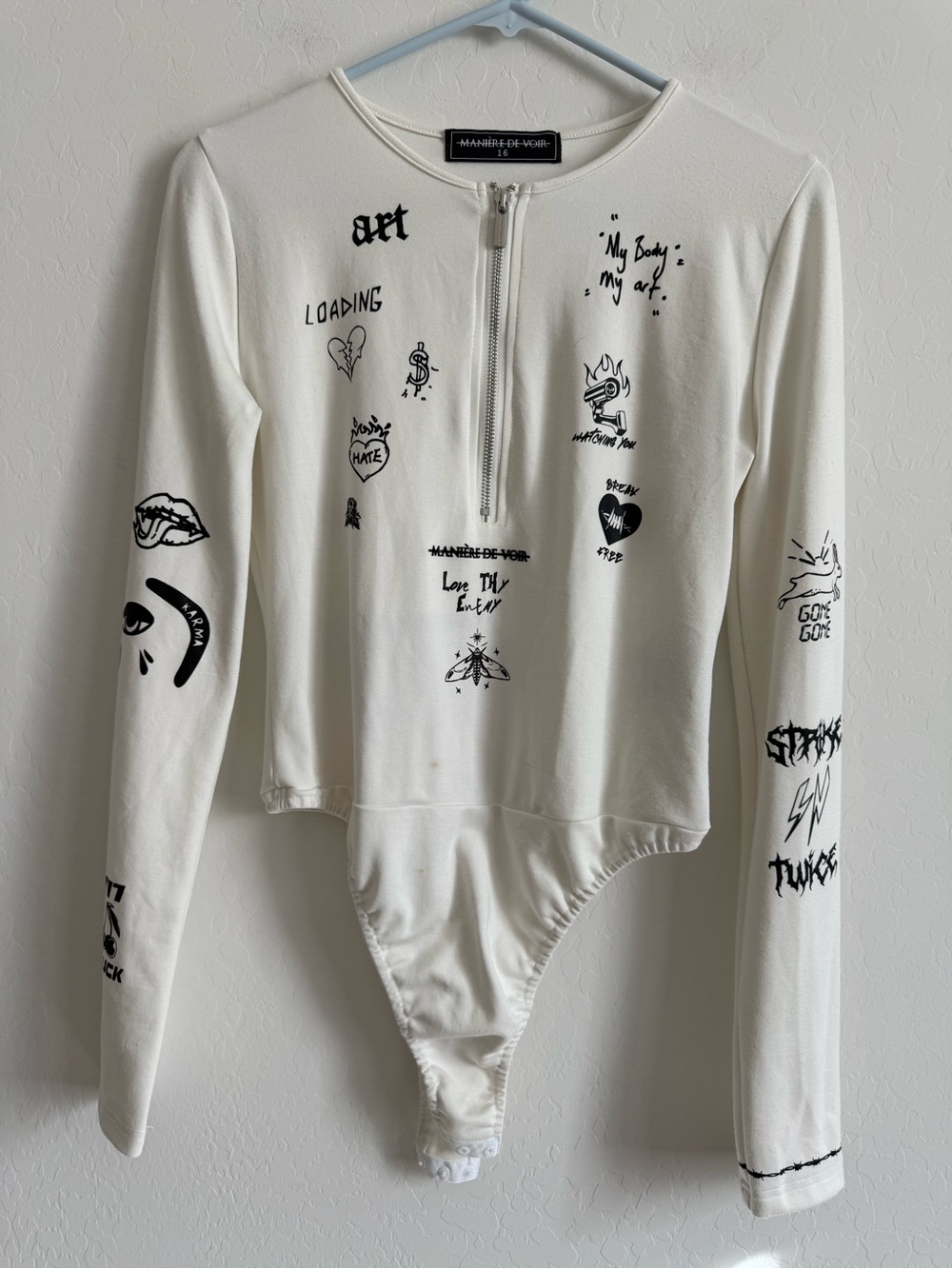 Maniere De Voir Off-White Graffiti Tattoo Half-Zip Bodysuit Size UK 16 / US 12